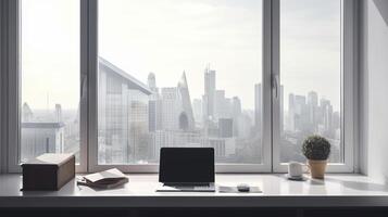 Modern working desk against big window in big city. Illustration photo