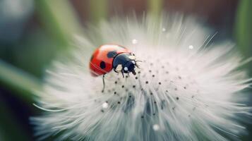 Ladybug on white dandelion. Illustration photo