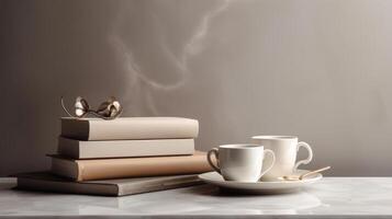 Coffee cups and books on minimalist background. Illustration photo