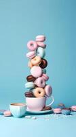 Blue background with coffee and donuts. Illustration photo