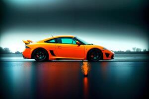 A bright orange sports car parked on a wet road with a dark sky in the background and a reflection of the car, 3D rendering, photorealism. photo