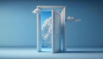 Door to heaven with clouds on blue background. 3D rendering photo