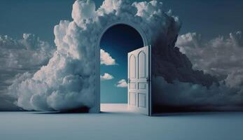conceptual imagen de abierto puerta a cielo o infierno con nubes ai generado foto