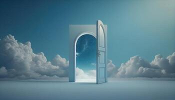 Open door in the sky with clouds. 3D render illustration. photo