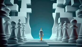 conceptual imagen de un hombre en pie en frente de un tablero de ajedrez ai generado foto