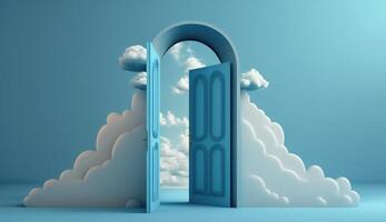 Door to heaven with clouds on blue background. 3D rendering photo
