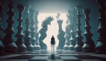 silueta de un hombre en frente de un tablero de ajedrez. 3d representación ai generado foto