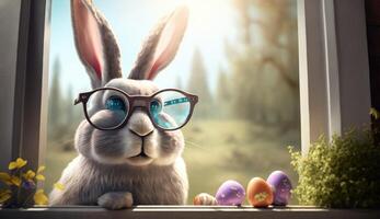 Easter bunny with glasses and Easter eggs on window sill. photo