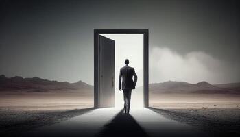 Businessman standing in front of an open door in the middle of the desert photo