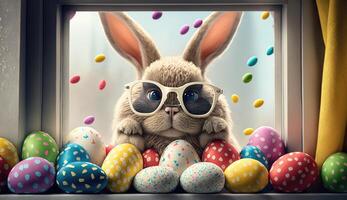 Easter bunny with sunglasses and colorful eggs on window sill. Happy Easter concept. photo