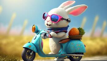 Easter bunny riding a scooter on the road. 3d rendering photo