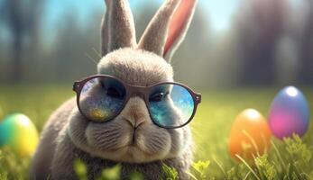 Easter bunny wearing sunglasses on the grass with colorful Easter eggs photo