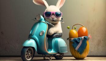 Easter bunny with basket of eggs on blue scooter. Easter concept. photo