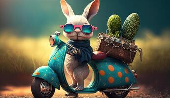 Easter bunny riding a scooter with basket of cacti photo