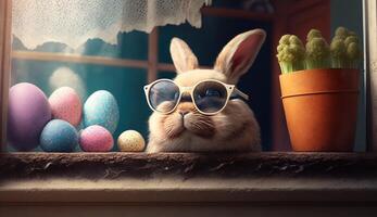 Easter bunny with sunglasses and colorful eggs on the window sill. photo
