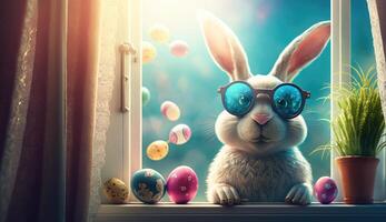 Pascua de Resurrección conejito vistiendo Gafas de sol sentado en el ventana umbral con vistoso huevos ai generado foto