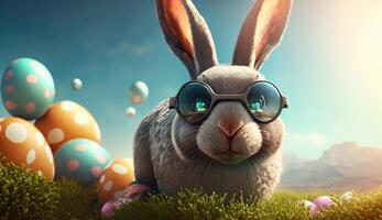 Easter bunny with sunglasses and eggs on green grass. 3d rendering photo