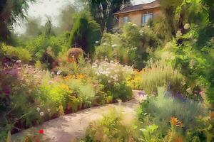 Summer garden in the style of impressionism painting Illustration AI Generativ photo