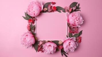 Pink frame with peony flower. Illustration photo