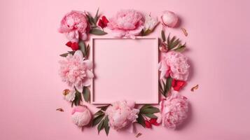 Pink frame with peony flower. Illustration photo