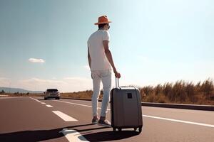 Man in casual wear hitchhiking on roadside. Adventure and tourism concept. Man with suitcase traveling by autostop. photo