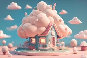 Small cute candy village. Cream cake house, jelly windows, cotton candy clouds, lollipop trees. photo