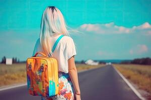 Beautiful millennial woman with colorful backpack on roadside. Adventure and tourism concept. photo