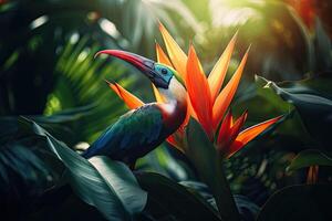 Colored tropical bird and beautiful surreal flowers. Generative AI photo