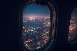 ver de el noche ciudad desde el avión ventana. noche paisaje urbano viaje y turismo concepto. generativo ai foto