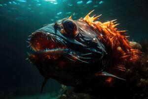 Deep-water fish at the very bottom of the ocean. A scary fish with big teeth. Underwater world. photo