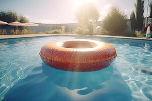 Empty rectangular blue swimming pool with swim ring. Chill out summer vacation concept. photo