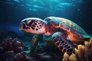 A turtle swimming at the bottom of the sea. Coral reef and fish. photo