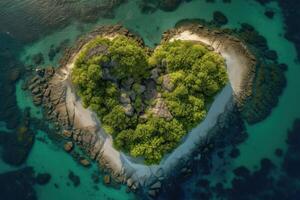 un tropical isla en el medio de el Oceano en el forma de corazón. un sitio a relajarse. generativo ai foto