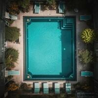 Empty rectangular blue swimming pool. Modern pool top view. Summer vacation in luxury resorts concept. photo