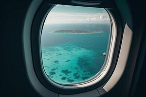 View of the beach and sea the airplane window. Travel and tourism concept. photo