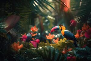 Colored tropical bird and beautiful surreal flowers. photo