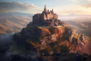 Mysterious castle. An imposing medieval castle set in fantasy landscapes or on a mountain top. photo