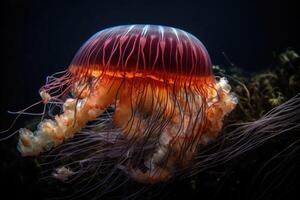 Jellyfishes swimming in the sea. Beautiful illuminated jellyfish. photo