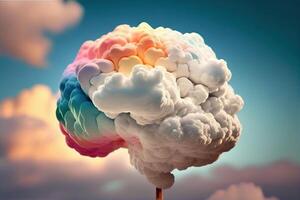 Realistic rainbow brain from clouds. The creative and logical parts of a person work together. photo