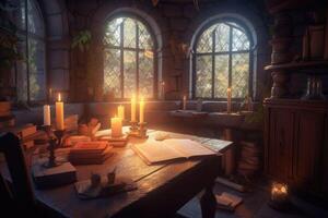 The interior of an old ancient room with books, candles and mysterious objects. photo