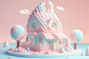 Cream cake house, jelly windows, cotton candy clouds, lollipop trees. photo
