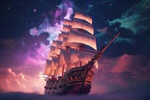 Old magic frigate flying on colorful cumulonimbus clouds. Ship in the ocean with stardust and fantasy sky. photo