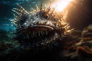 Deep-water fish at the very bottom of the ocean. A scary fish with big teeth. Underwater world. photo