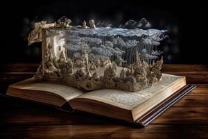 Old magic book on wooden table with spells and water world. Fantasy or learning concept. photo