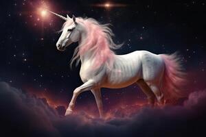 The unicorn with a pink mane and tail in a magical space. photo