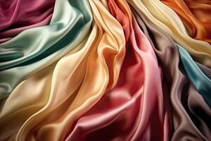 Abstract rainbow smooth silk background. Satin elegant luxury fabric. Beautiful soft folds on the surface of the fabric. Generative AI photo