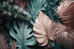 pastel color tropical palma hojas. naturaleza primavera concepto. mínimo verano selva o bosque modelo. generativo ai foto