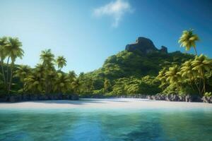 A tropical island in the middle of the ocean. Green palm trees and beach on the island. photo