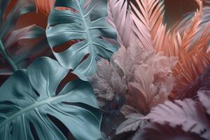 Pastel color tropical palm leaves. Nature spring concept. Minimal summer jungle or forest pattern. photo