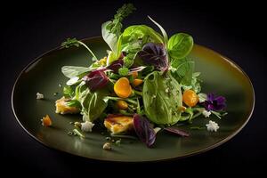 Italian spring salad with goat cheese, grapes and nuts. Served with arugula. Generative AI photo